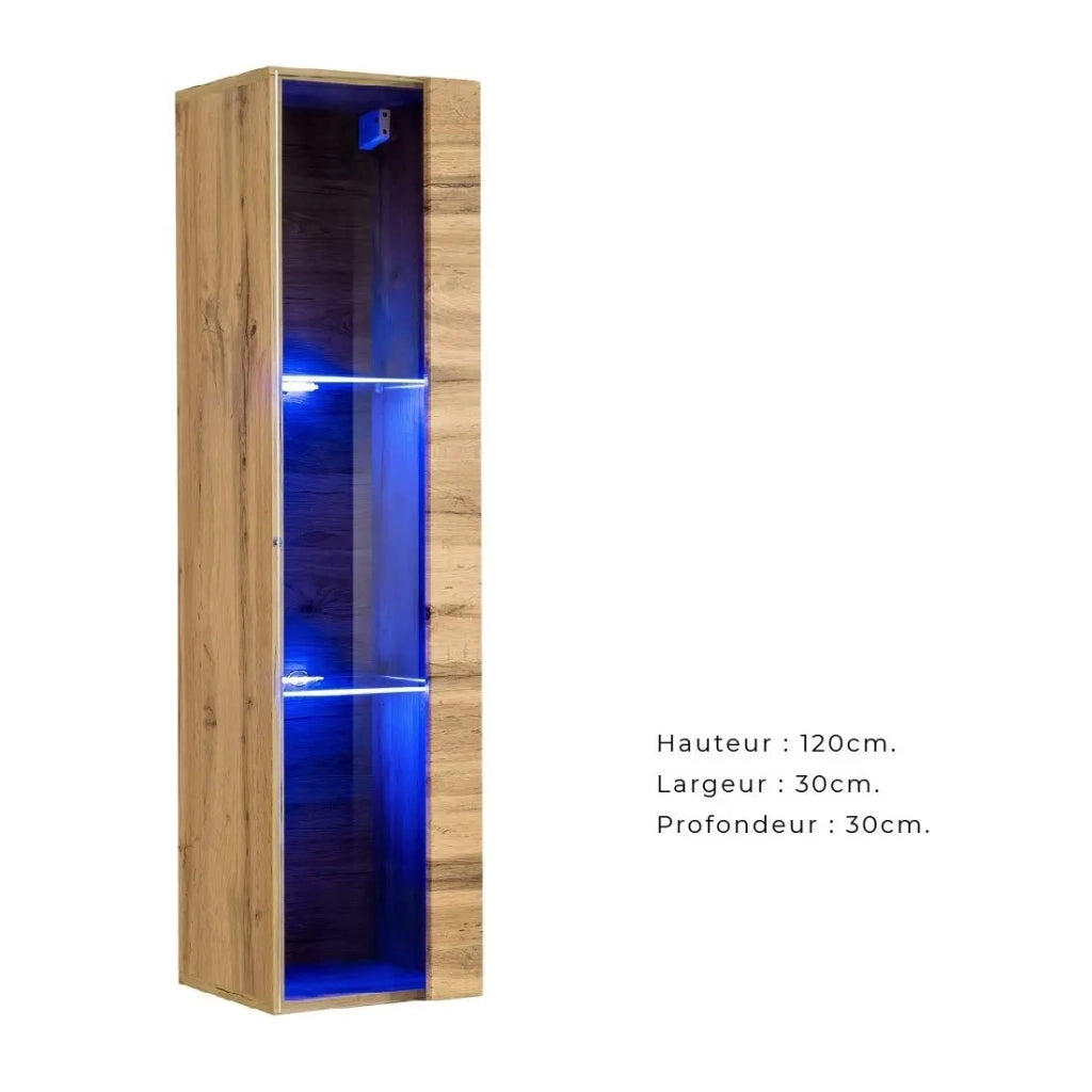 Vetrina sospesa color rovere piccolo modello con 1 porta a vetro e illuminazione LED inclusa. Collezione SWITCH.