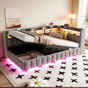 Letto contenitore singolo 90 × 200 cm con LED, prese USB e Type-C, ripiani in legno, senza materasso, grigio chiaro