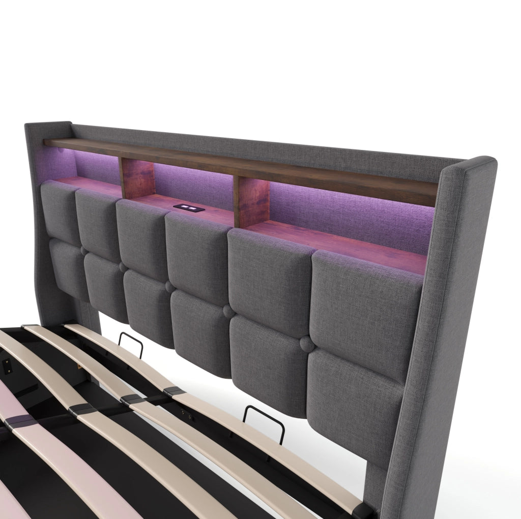 Letto matrimoniale imbottito 160x200 cm con LED e USB; in tessuto effetto lino grigio