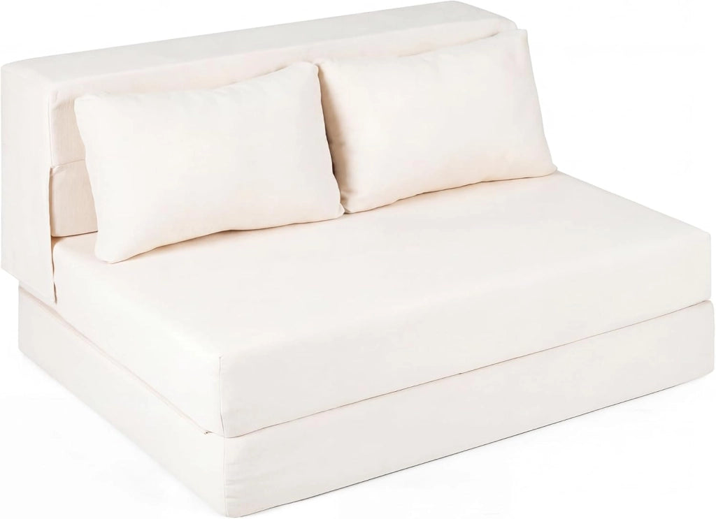 Divano Letto 2 Posti Pieghevole, 3 in 1 Divanetto Trasformabile con 2 Cuscini, Schiuma ad Alta Densità e Rivestimento in Tessuto Chenille, Poltrona Letto per Soggiorno (Beige,82 x 103 x 58 cm)