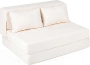 Divano Letto 2 Posti Pieghevole, 3 in 1 Divanetto Trasformabile con 2 Cuscini, Schiuma ad Alta Densità e Rivestimento in Tessuto Chenille, Poltrona Letto per Soggiorno (Beige,82 x 103 x 58 cm)