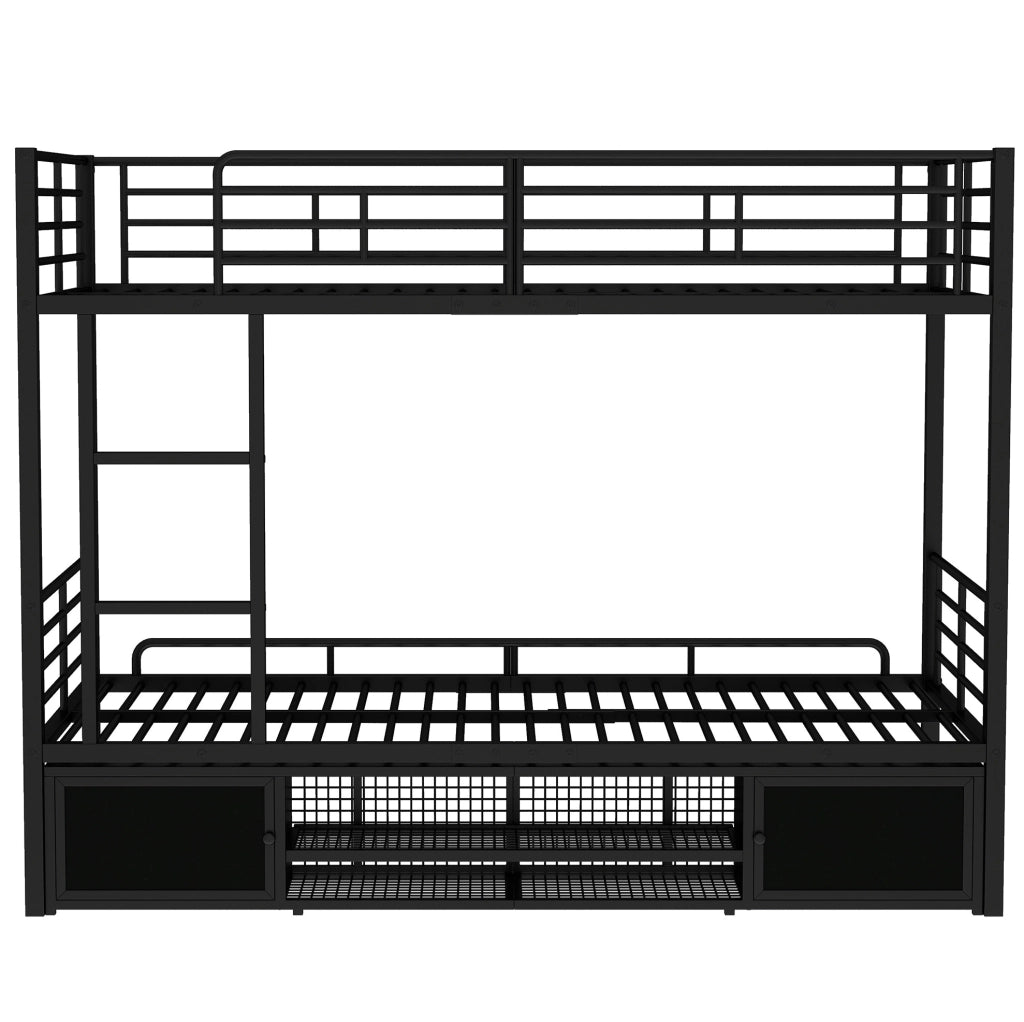 Letto a castello in metallo 90x200 cm con scala; ripiano per scarpe e 2 armadietti nero