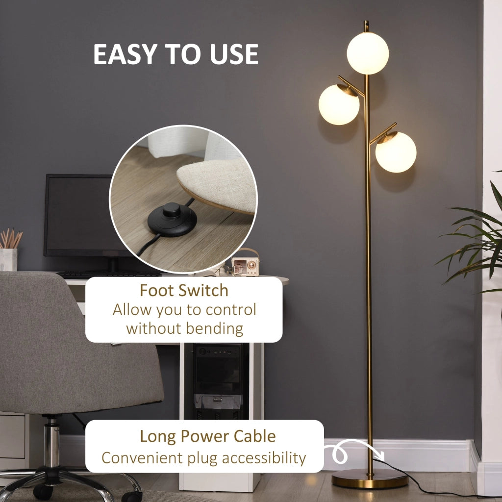 Lampada da Terra Moderna Ø27x159 cm con 3 Punti Luce in Acciaio e Vetro Oro