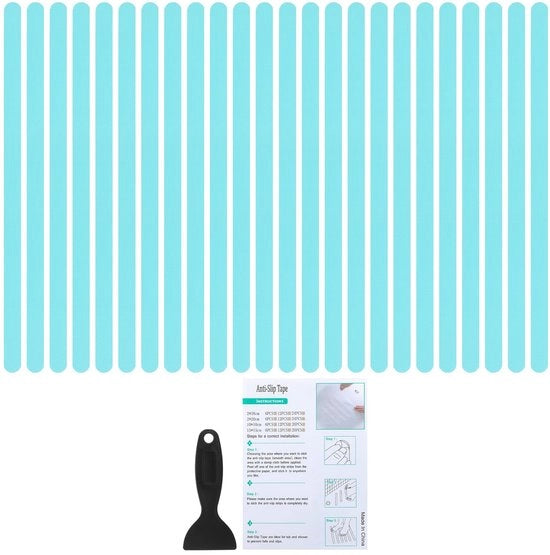Sticker Antislip per Bagno 38x2 cm, 24 pezzi, Strisce Antislip per Pavimento Bagno con Adesivi e Spazzolino per Bagno, Scale, Piastra Doccia, Blu