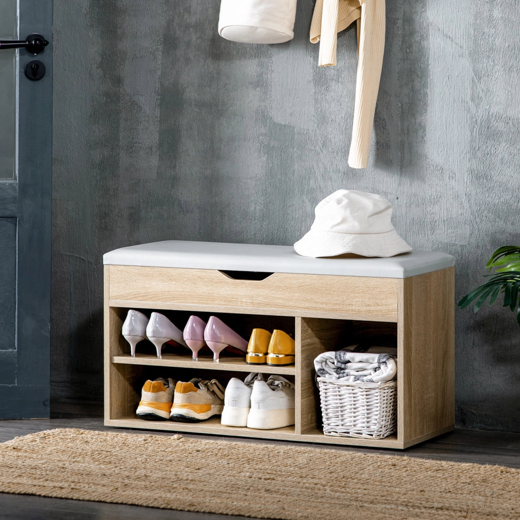 Scarpiera Imbottita con 2 Ripiani Aperti e Spazio a Scomparsa ¨C zephmum ¨C Legno e Pelle PU, 80x30x45 cm