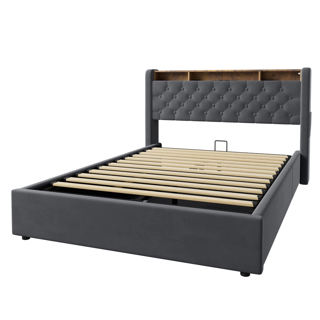 LETTO Imbottito 140 x 200 cm in Velluto Grigio con LED, USB e Contenitore