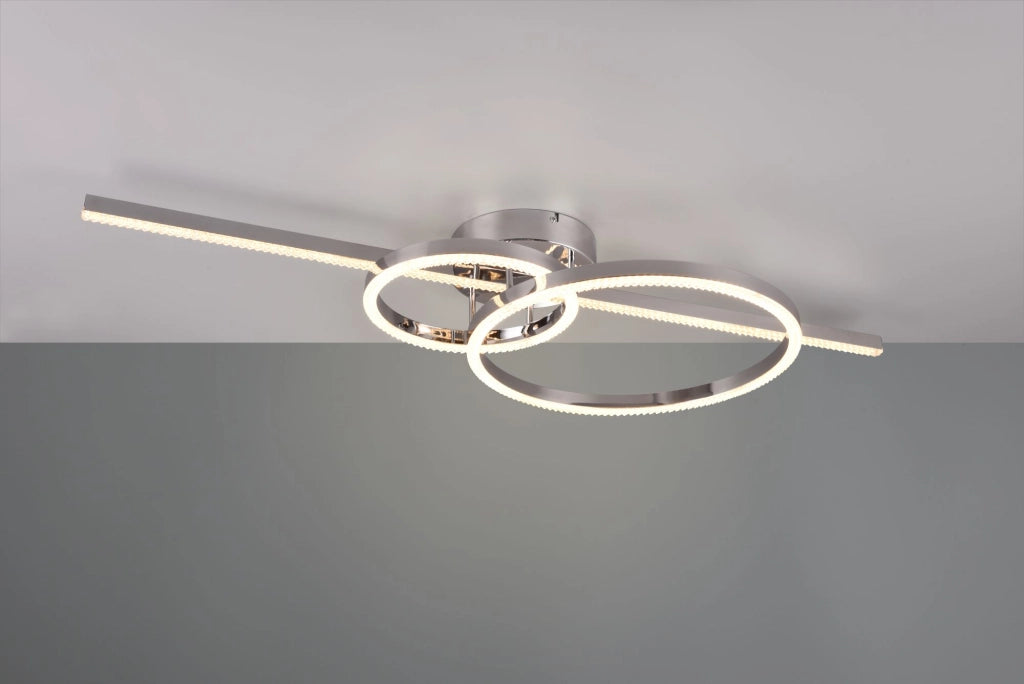 MONTILLA PLAFONIERA BACCHETTA E DOPPIO CERCHIO METALLO CROMATO CON TELECOMANDO MULTIFUNZIONE L. 100CM LED 54W 6300lm, 2700 - 6000K DIMMERABILE