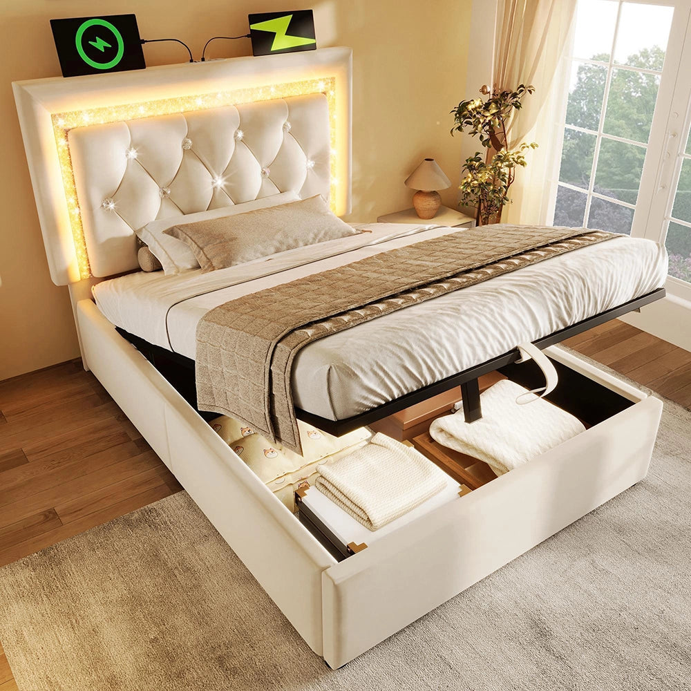 Letto imbottito-Xylo-90x200cm LED diamante USB-C idraulico velluto beige con materasso