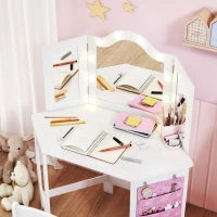 Set toeletta e sgabello per bambini, con luci LED bicolore, specchio triplo richiudibile, Bianco