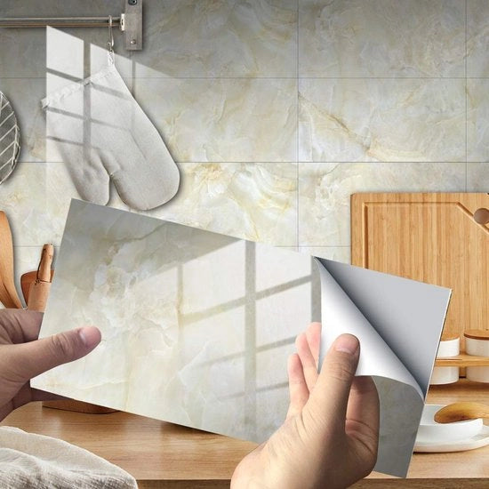 Tegelstickers per 16 pezzi, design a marmo rettangolare, impermeabili e resistenti all'olio, decorazione per parete autoadesiva per cucina, bagno, soggiorno (beige, 30 x 15 cm)