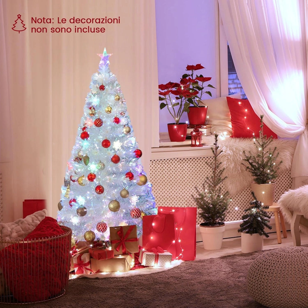 Albero di Natale Pre-illuminato in Fibra Ottica 120/150/180/210 cm, Albero di Natale Bianco con Foglie Iridescenti, Luci a LED a Fiocco di Neve Multicolore, Luce Superiore a Stella (150 CM)