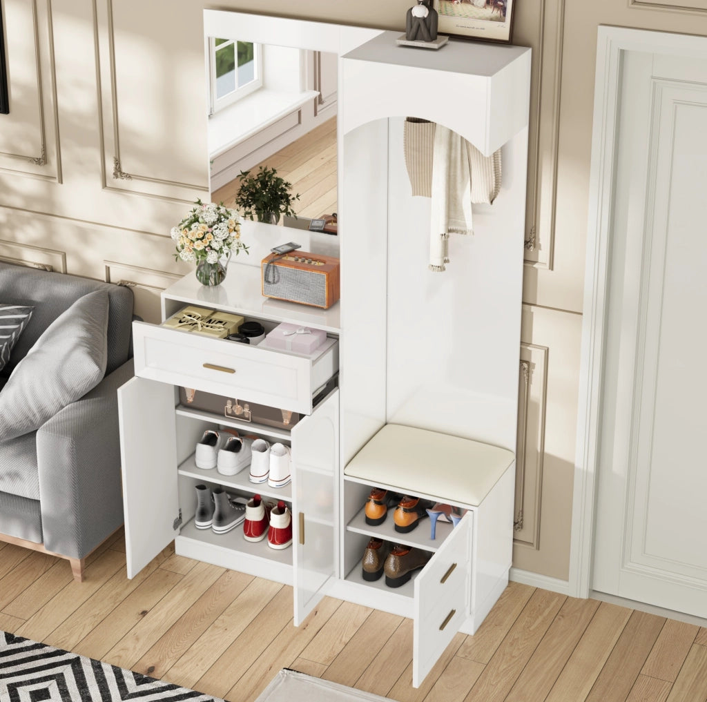 Guardaroba da ingresso 110x33x185.5 cm con scarpiera; specchio e panca bianco