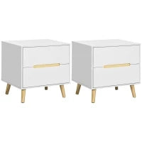 Comodino Moderno con 2 Cassetti, Set 2 Pezzi in Truciolato e Gambe in Legno di Pino, 50Lx40Px50.5A cm, Bianco