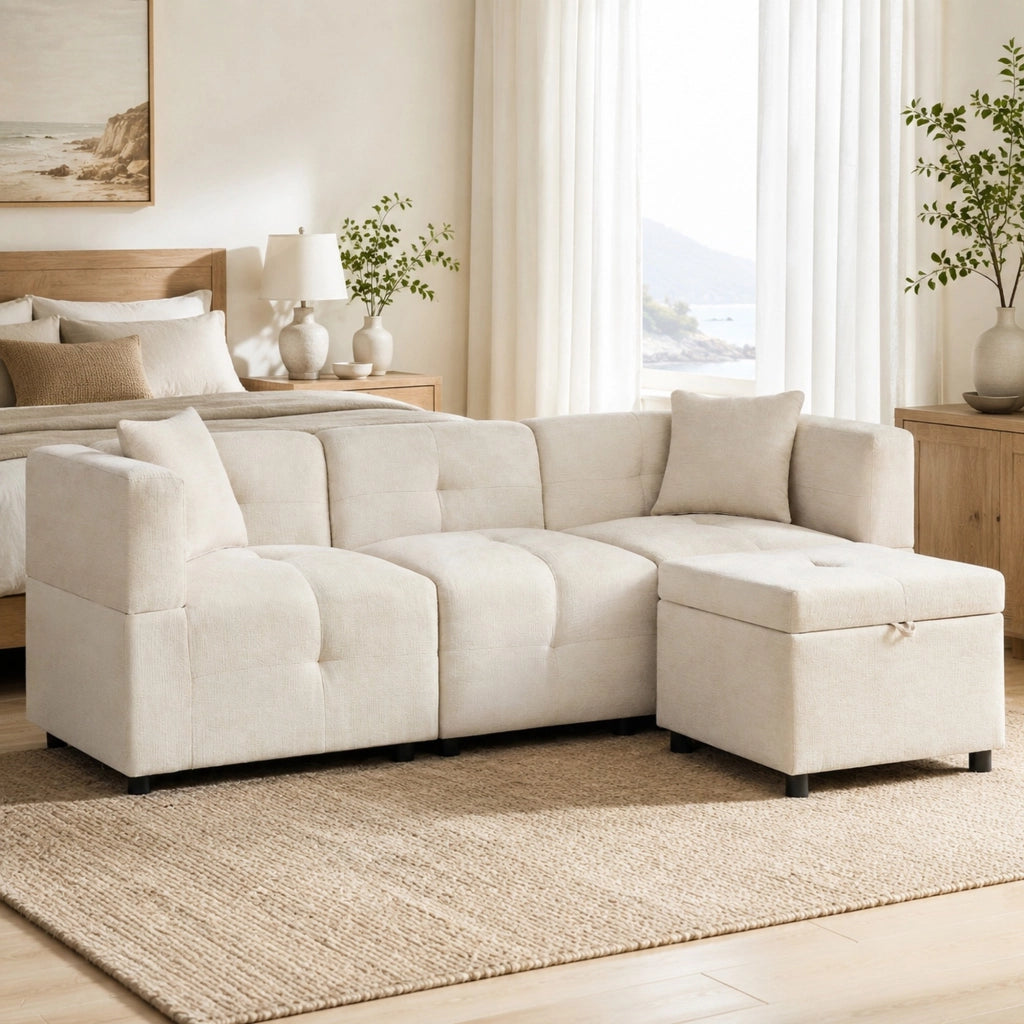 Divano modulare 3 posti in ciniglia beige con pouf contenitore e 2 cuscini HOMVRA