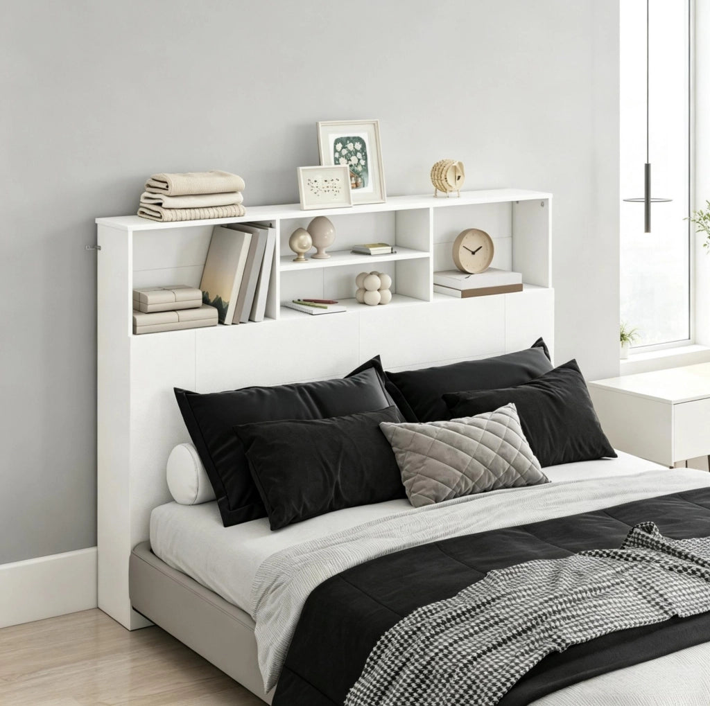 Testiera per letto 140 cm con 4 ripiani aperti, bianca, in truciolato e MDF