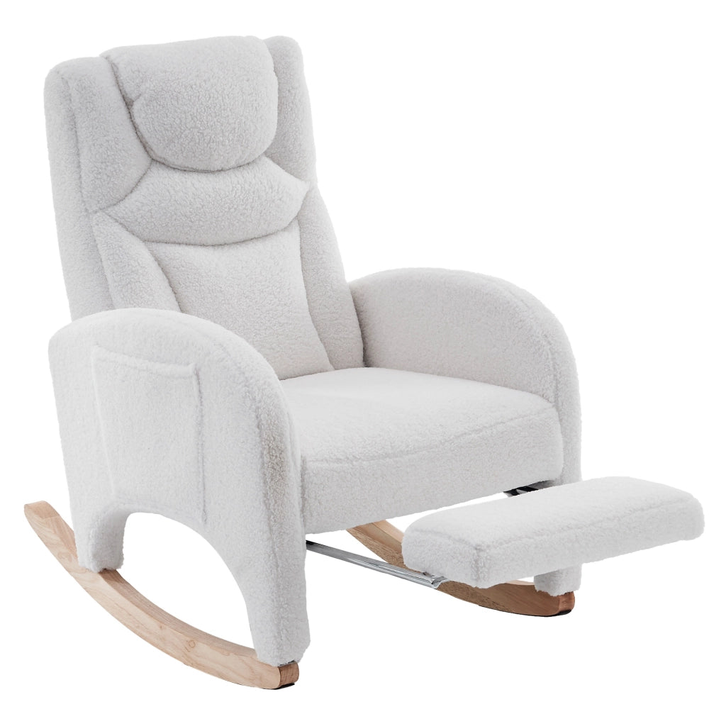 poltrona a dondolo con poggiatesta; poggiapiedi pieghevole e schienale ergonomico in tessuto bouclÃ© bianco 66 Ã— 125 Ã— 101 cm
