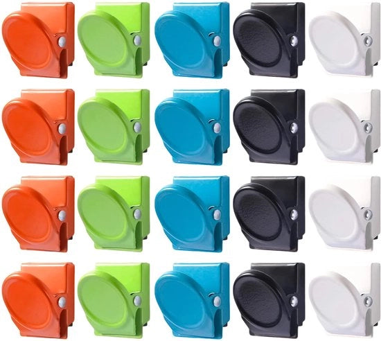 Pacchetto di 20 magneti con clip: clip magnetici da 35 x 30 mm in 5 colori, clip magnetici, clip magnetici per foto per frigorifero, lavagna bianca, bacheca di ufficio (acciaio + nucleo magnetico forte)