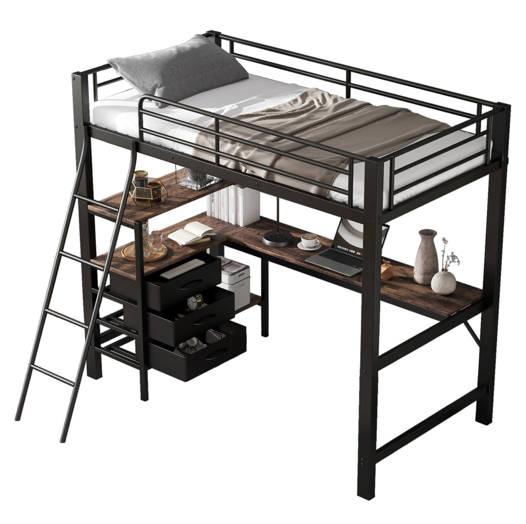 Letto a castello 90x200 cm nero e noce scuro, metallo e legno, con scrivania