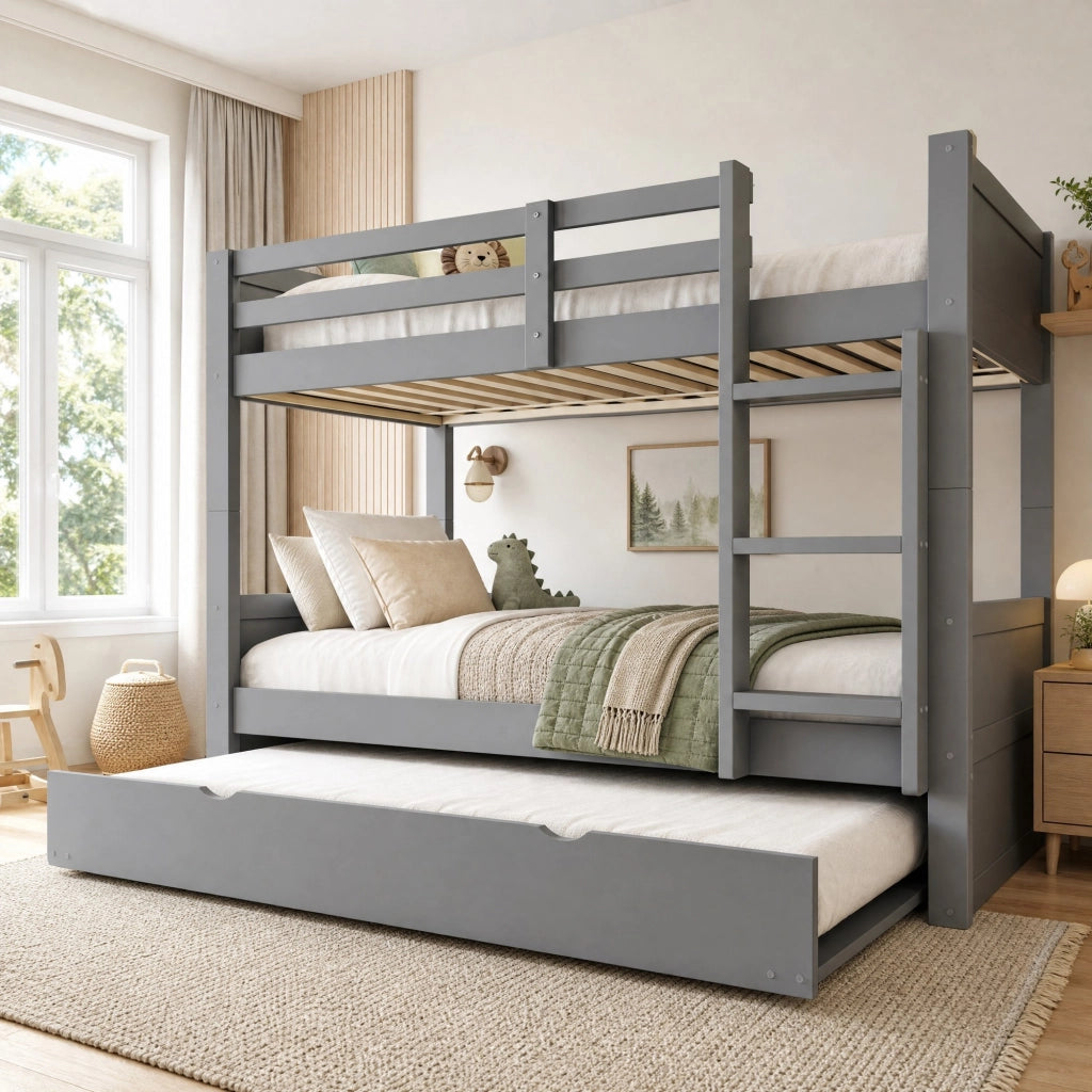 DESMIU Lit a castello 90 × 200 cm 2 posti con letto estraibile, sponda di sicurezza e senza materasso, grigio