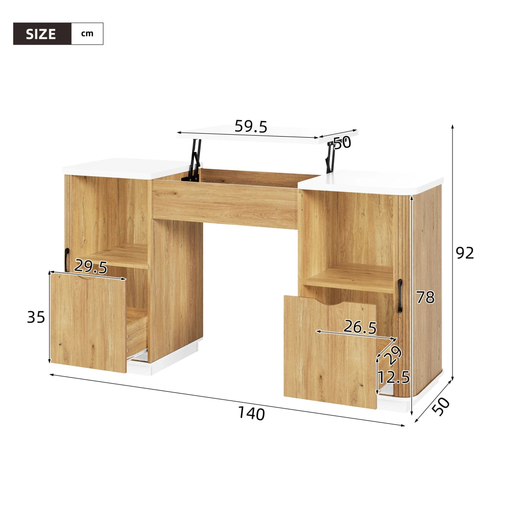 Scrivania regolabile in altezza con 2 cassetti in MDF bianco e rovere