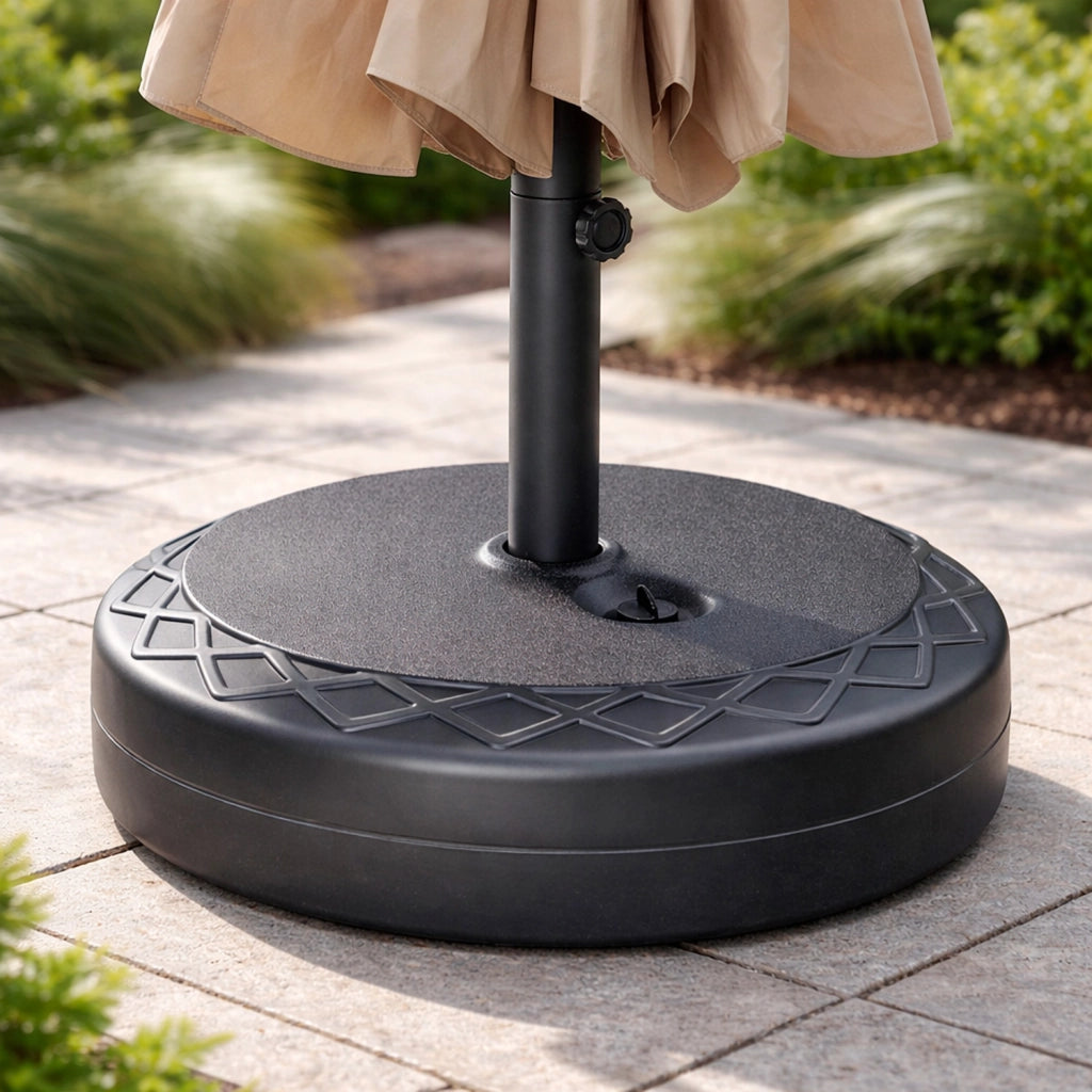Base Ombrellone Riempibile Acqua o Sabbia 30kg In HDPE E Metallo Nero Supporto Universale per Palo 38/48 mm da Giardino Balcone Terrazza Resistente alle Intemperie Ø50 x 7.5 cm Nero