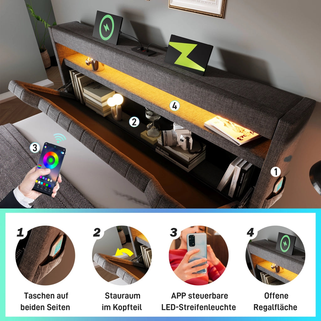 Letto in lino grigio 140x190 testiera contenitore USB/Type-C LED su testiera e pediera vano