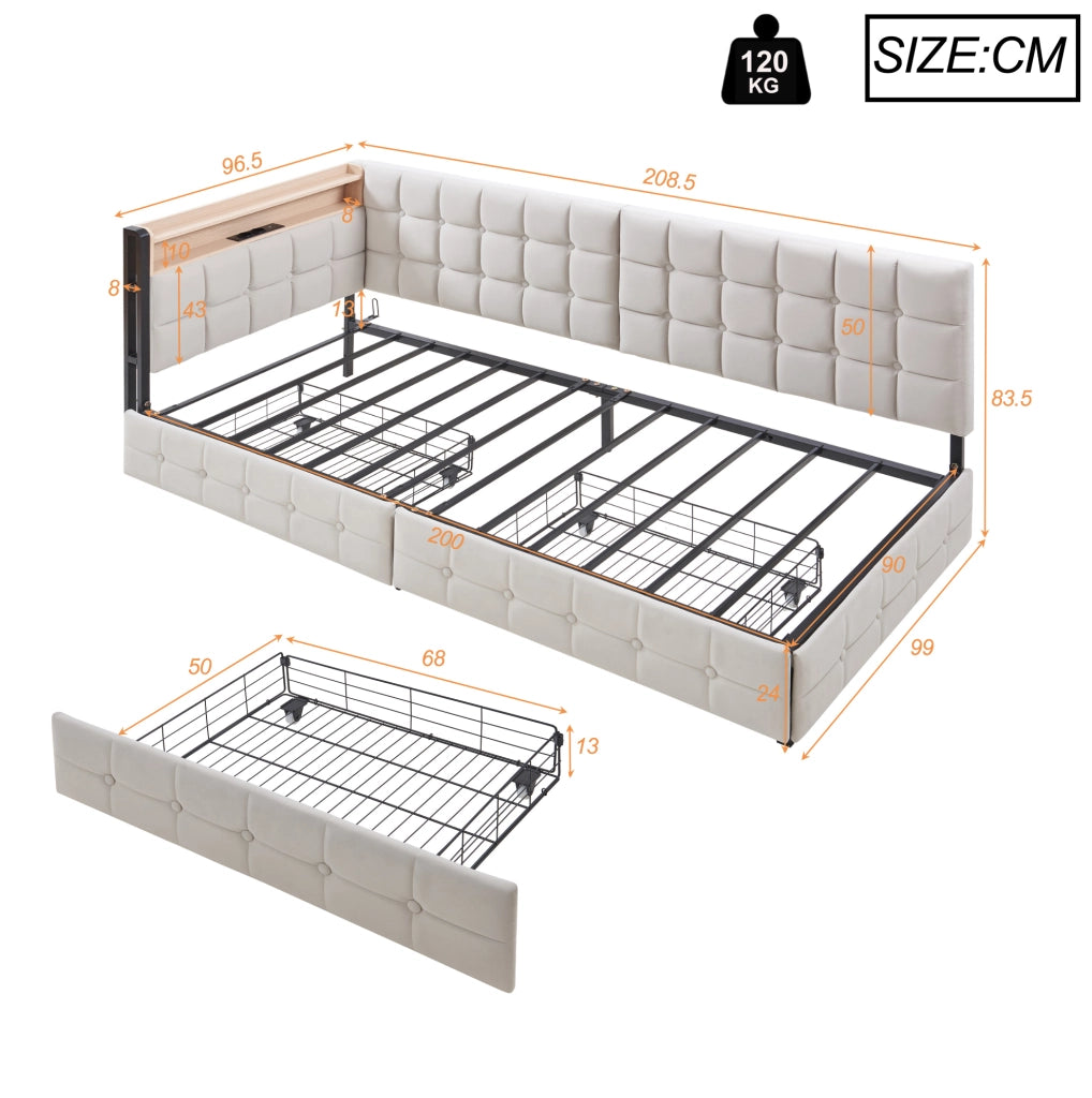 LETTO Imbottito 90 x 200 cm Beige con 2 Cassetti, LED e porte USB/Type-C