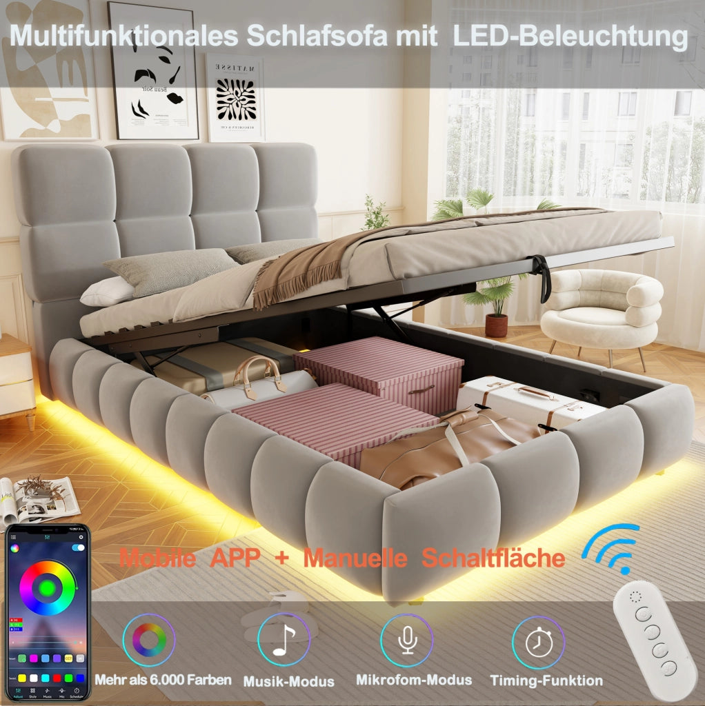 Letto imbottito in velluto grigio 90 x 200 cm con contenitore idraulico e LED