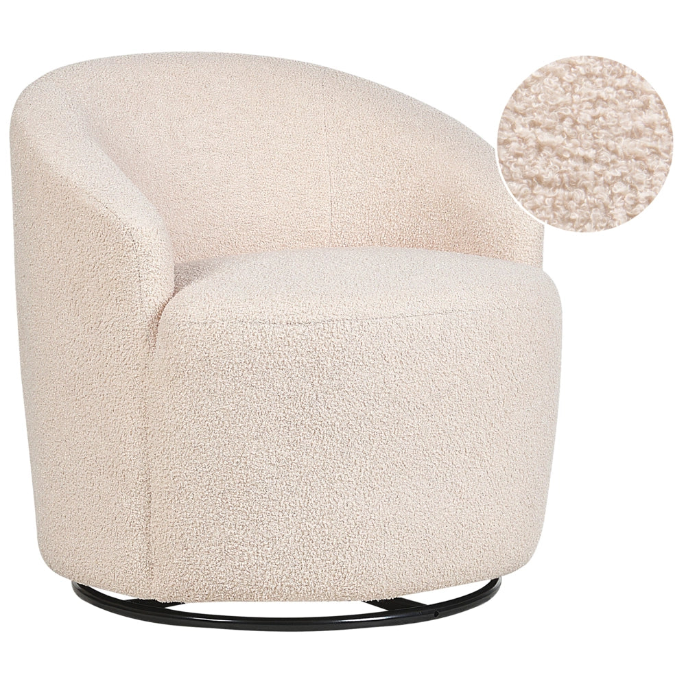 Poltrona Bianco Crema Boucle Tessuto Morbido Base Girevole 360° Stile Retro Glamour Art Deco dorato