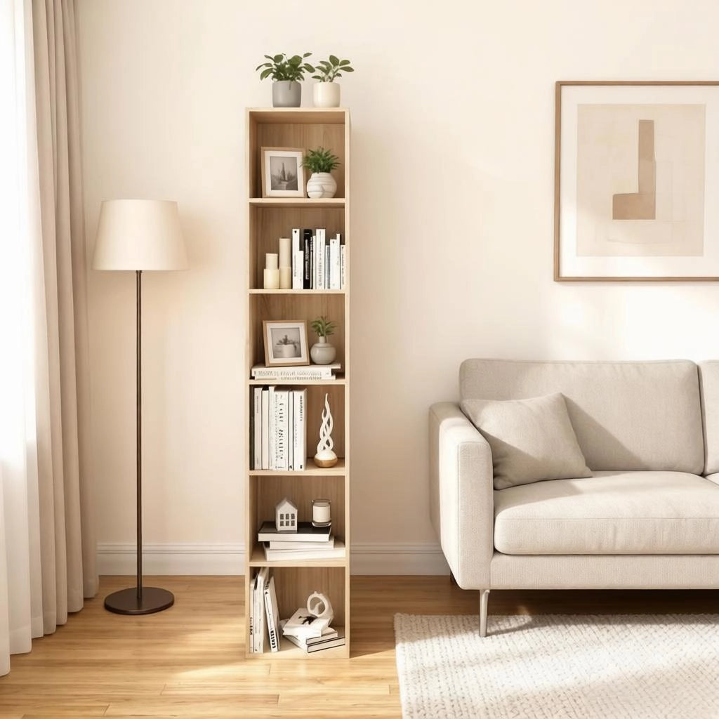 Libreria alta a cubi in truciolare e MDF effetto rovere, 6 scomparti, con dispositivo anti-ribaltamento