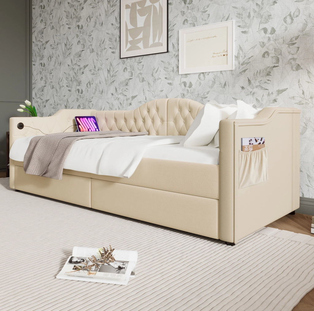 Letto daybed in velluto beige 90x200 cm con 2 cassetti; USB e Type-C