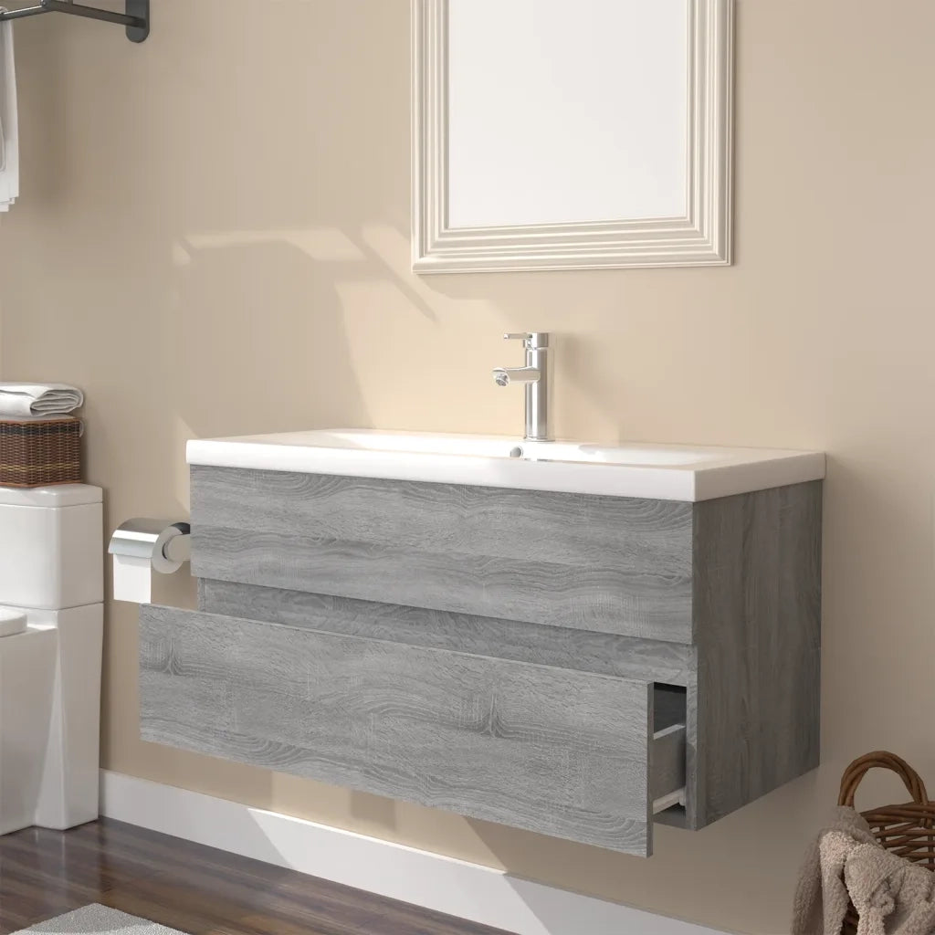 Mobile Bagno e Lavabo Integrato-Lavandino-Armadietto da bagno Grigio Sonoma Legno Multistrato 887131