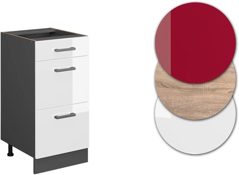 Mobiletto base per cucina R-Line, Bianco lucido, 40 cm con cassetti, senza piano di lavoro, per la libera combinazione all'interno di sistemi cucina modulari