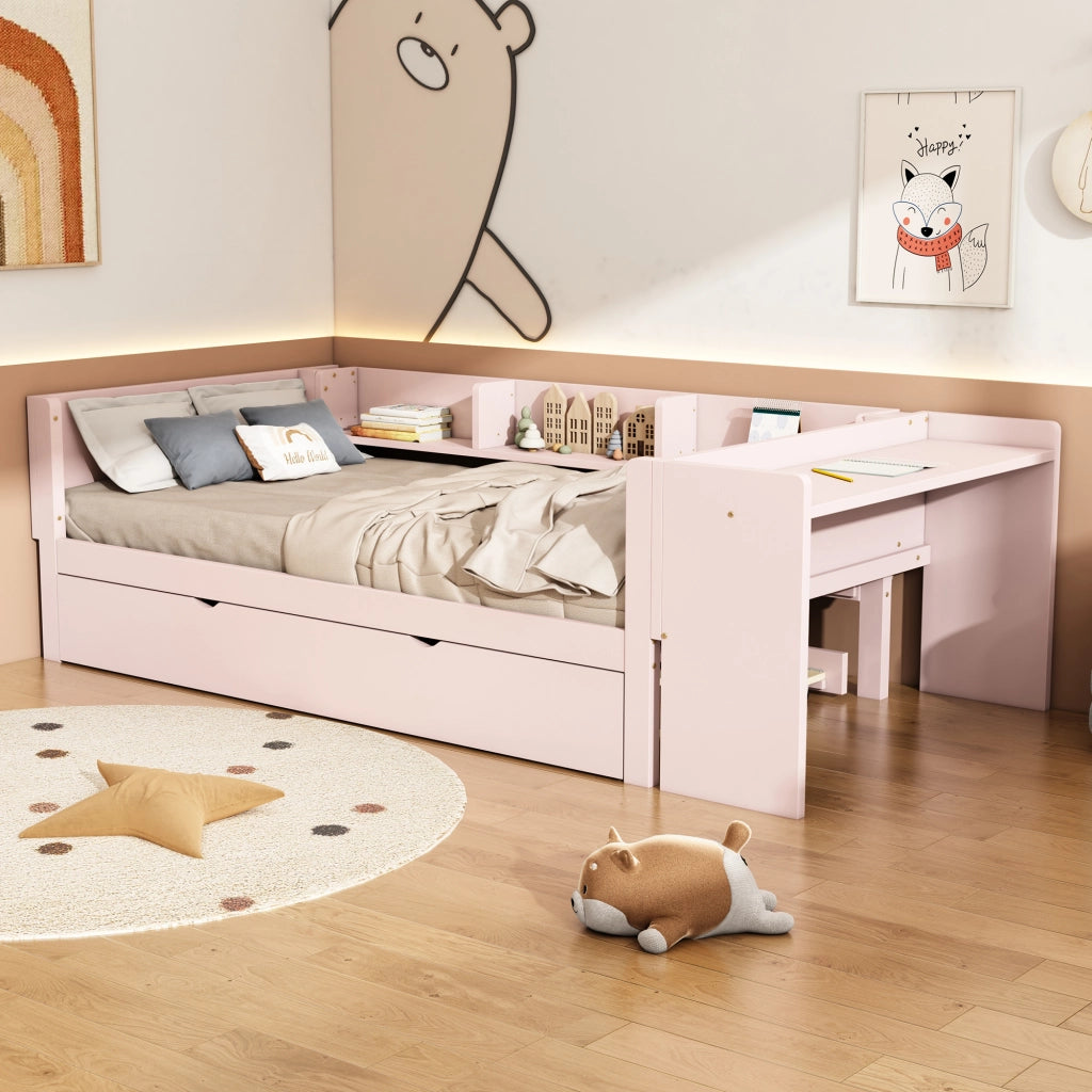 OKWISH Letto estraibile 90×200 cm, Letto Singolo con Letto estraibile, Scrivania e 3 Mensole, senza Materasso, in Pino e MDF, Rosa