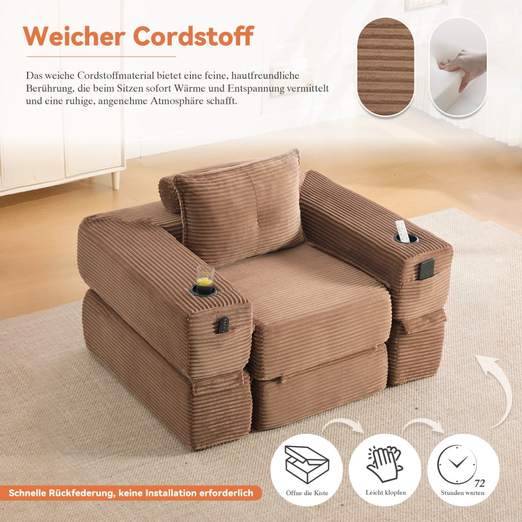 Divano letto modulare in velluto a coste con schiuma 30D, molle, tasche laterali e portabicchieri marrone