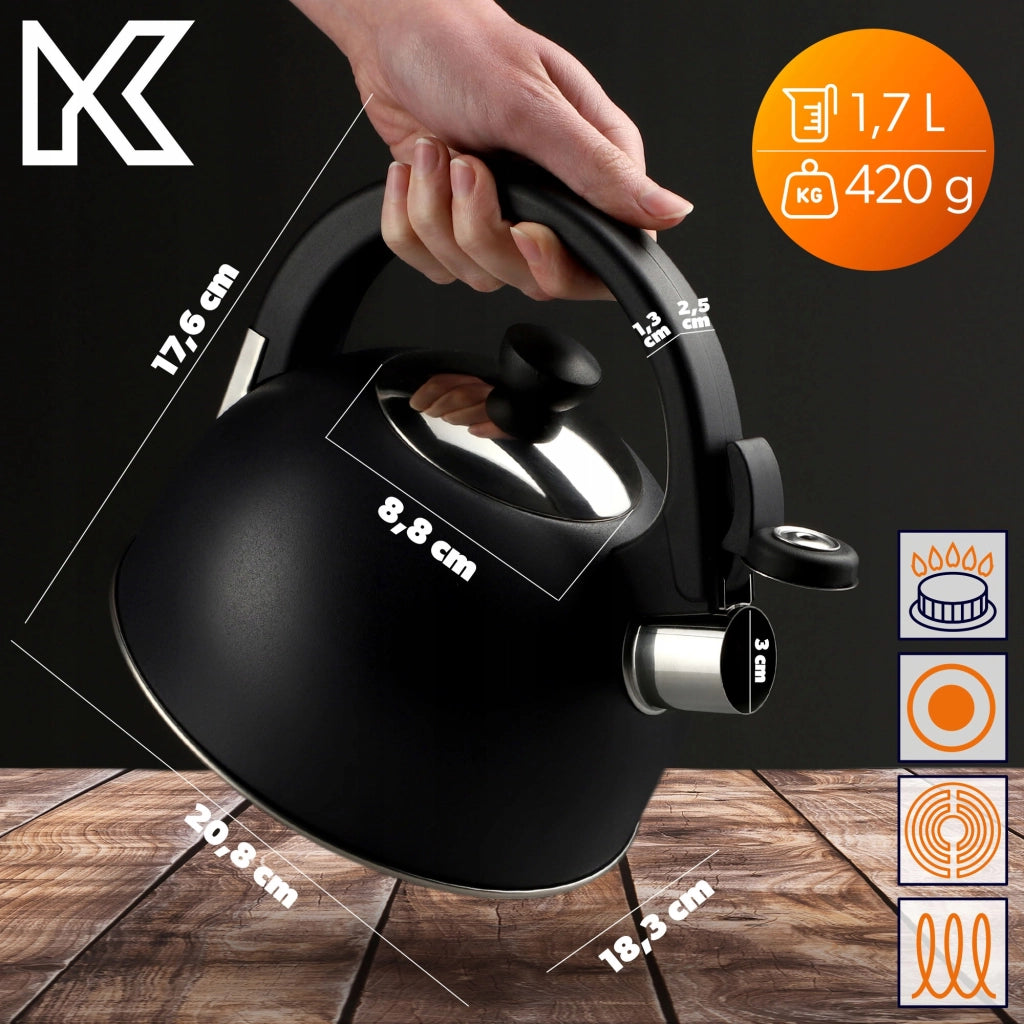 Bollitore a gas/induzione KADAX con fischietto, 1,7 l, in acciaio antracite, stile tradizionale.