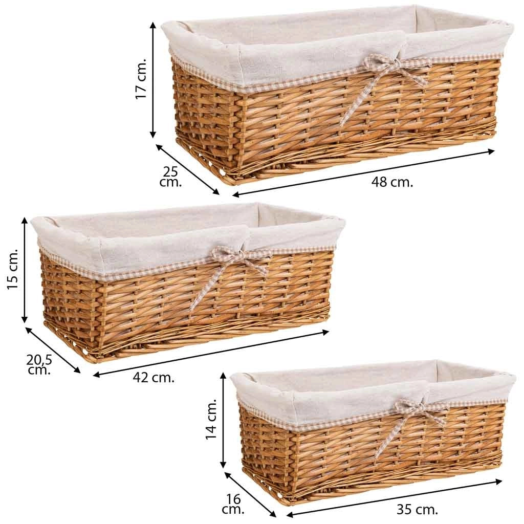 Set di 3 cestini in vimini foderati marroni