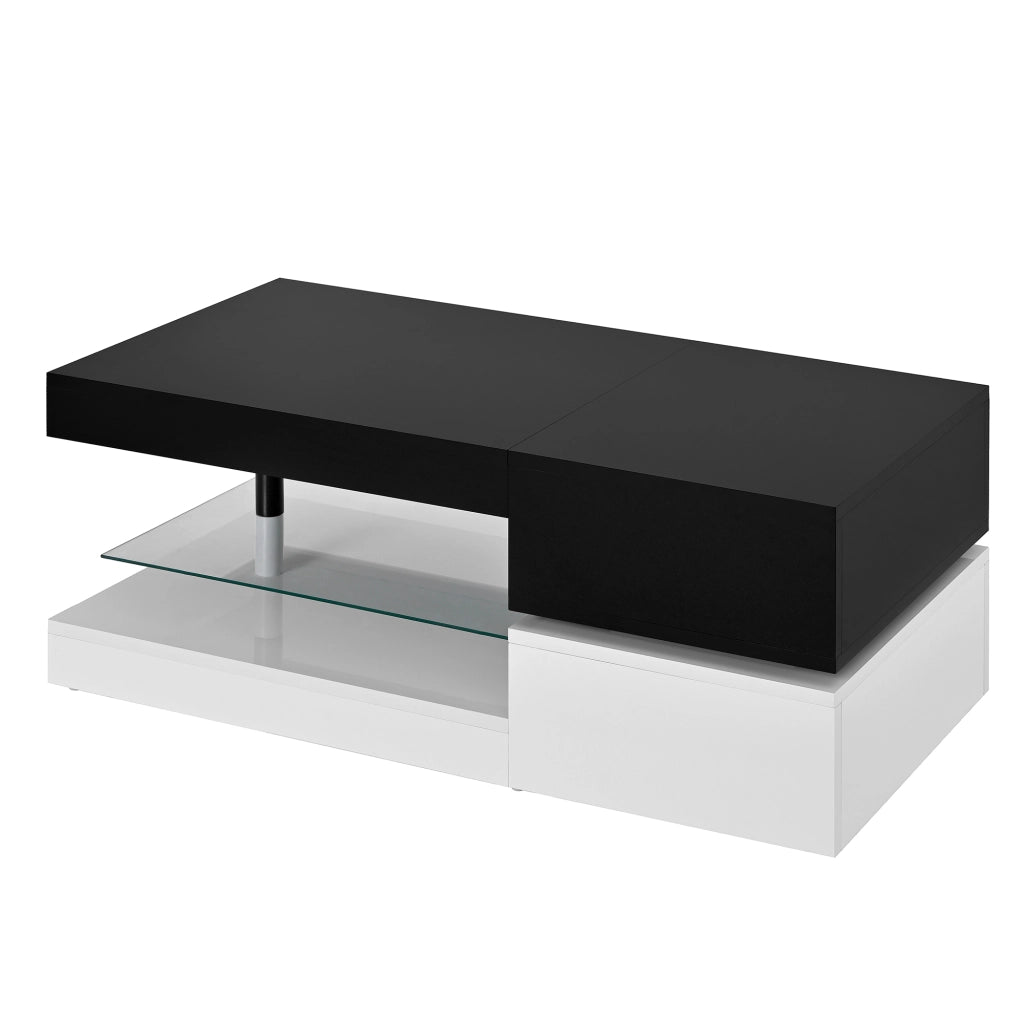 Tavolino da caffè 90x45x35.5 cm; LED con APP e Bluetooth; pannello truciolare e vetro; nero e bianco