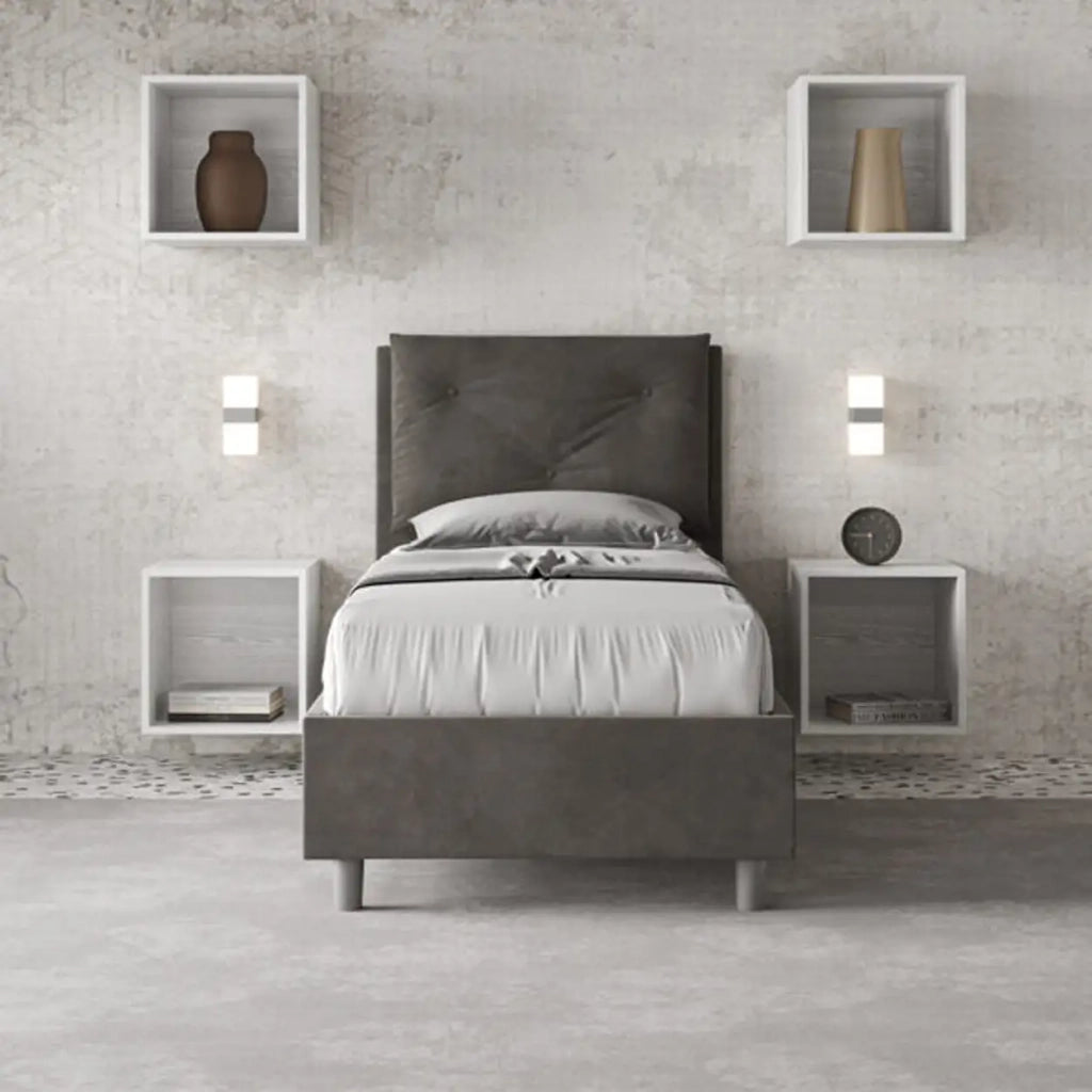 Letto singolo contenitore imbottito 80x190 microfibra grigio Appia