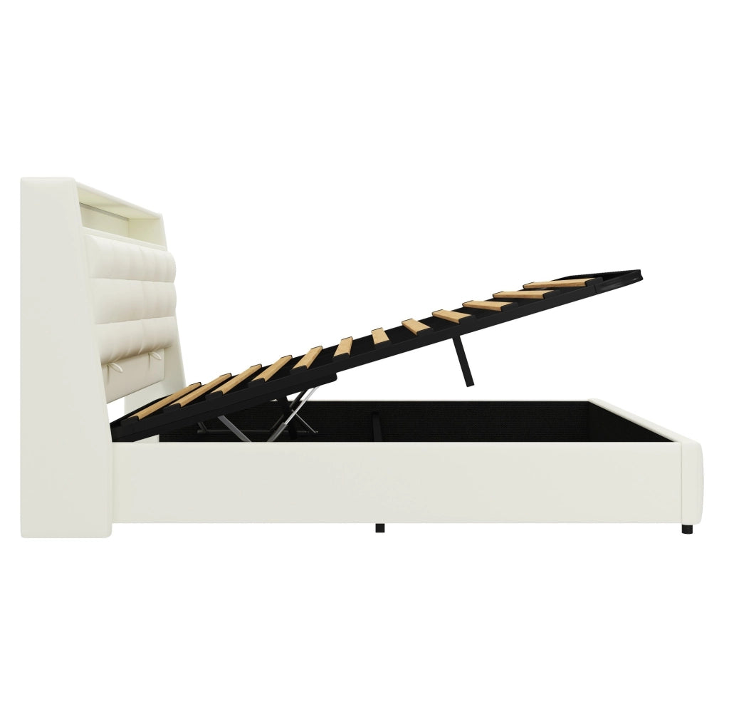 Letto imbottito 160x200 cm con contenitore; LED e USB in PU bianco