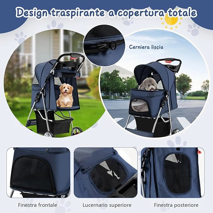 Passeggino per Cani Piccoli Pieghevole, Fino a 15 kg, Ruote 360° con Freni, Cuscino, Porta Doppio, Finestre, Cestino, Portabicchieri, Carrozzina Portatile (Blu)