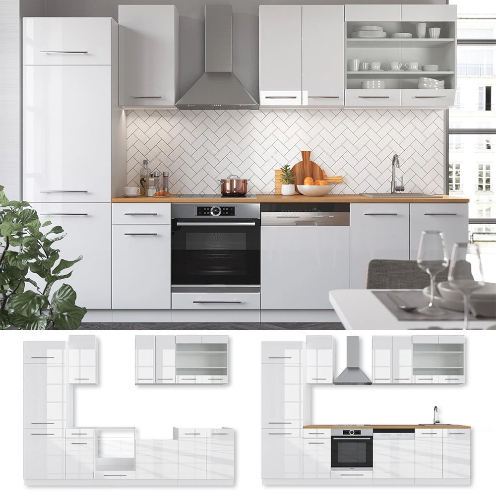 Cucina componibile Fame-Line Bianco lucido/Bianco 300 cm senza piano di lavoro Vicco