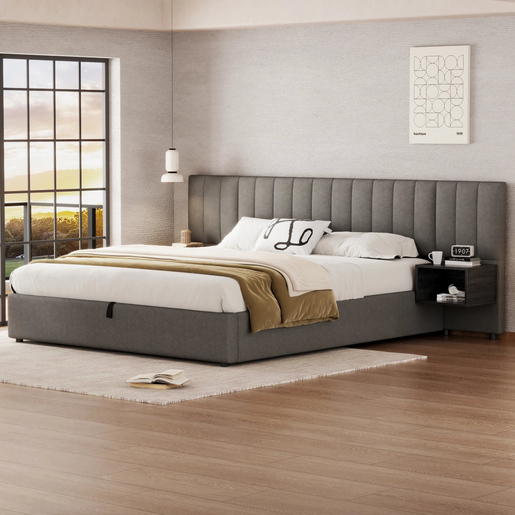 OKWISH Letto contenitore 180×200 cm, Letto Matrimoniale con Sollevamento Idraulico, 2 Comodini, senza Materasso, in Lino, Grigio e Nero