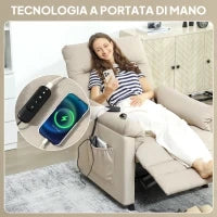 Poltrona Reclinabile con Poggiapiedi, Riscaldamento, 8 Punti Massaggio e 5 Modalità, Tessuto Vellutato, Beige