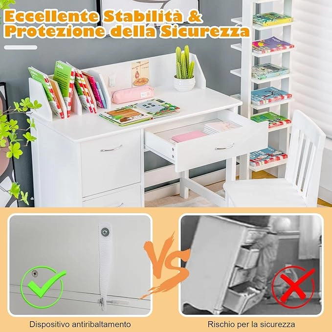 Set di Scrivania e Sedia per Bambini, Scrivania per Bambini con Cassetto e Armadietti, Ideale per Camera da Letto Sala Studio, 90,5 x 46 x 81 cm (bianco)