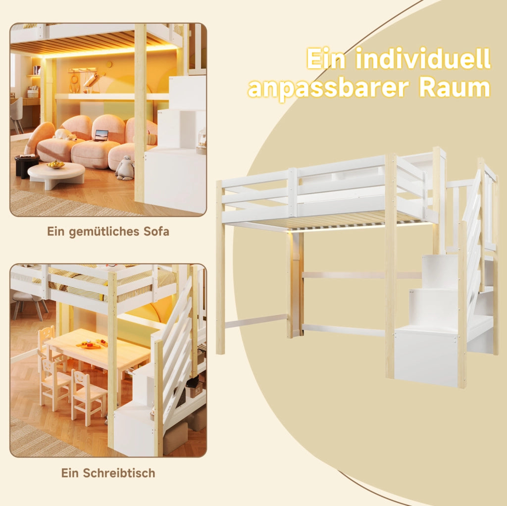 Letto a soppalco 90x200 cm con LED e scala contenitore