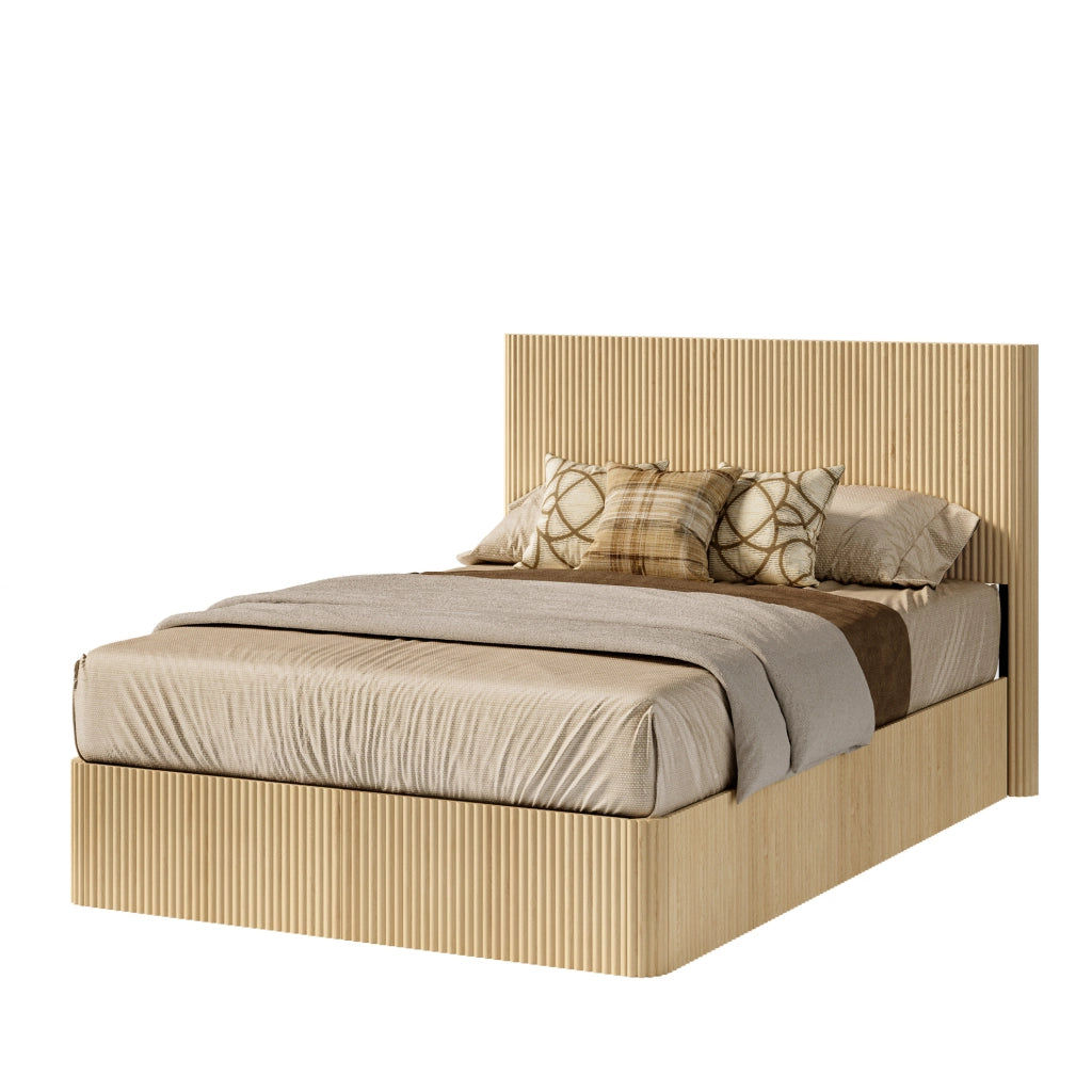 Letto 140x200 cm con contenitore e sistema idraulico in MDF e metallo; colore rovere chiaro