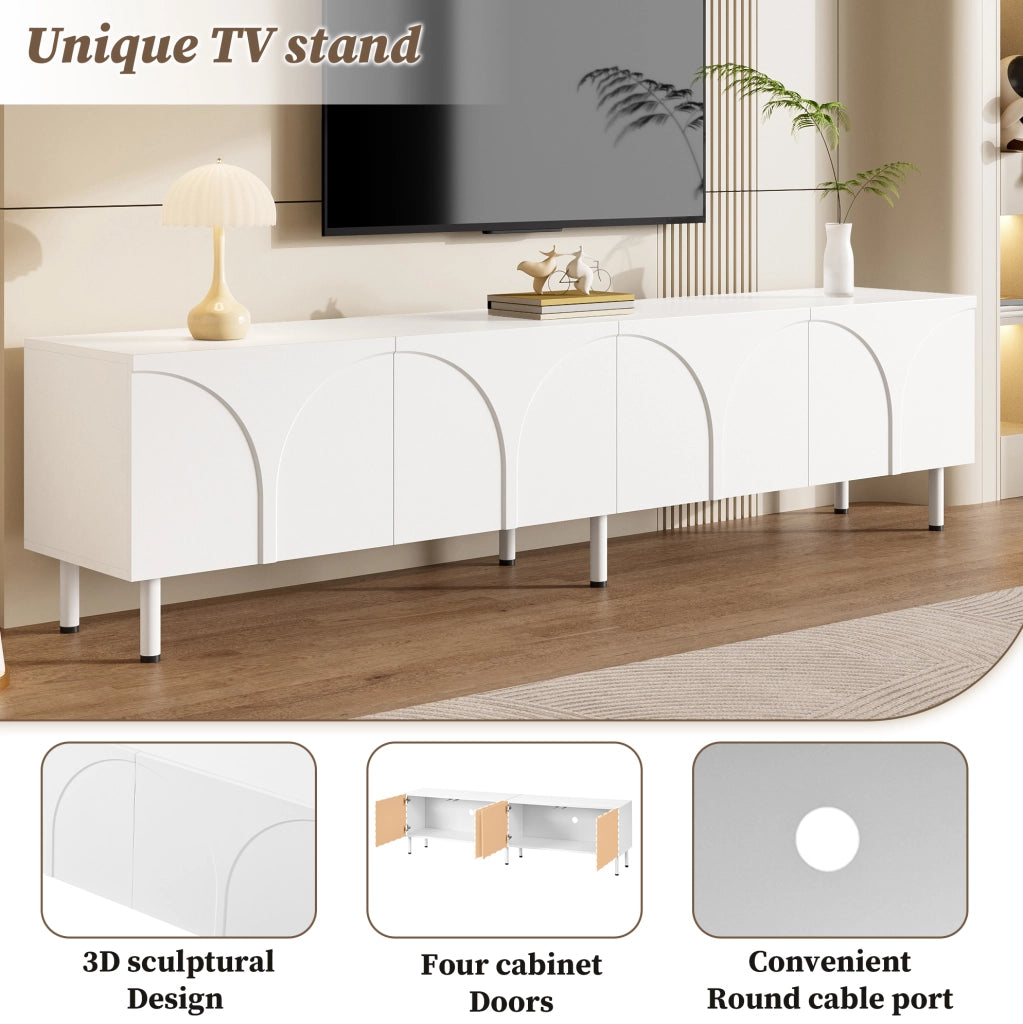 Mobile TV bianco 180 cm con 4 ante, linee tridimensionali e piedini in metallo