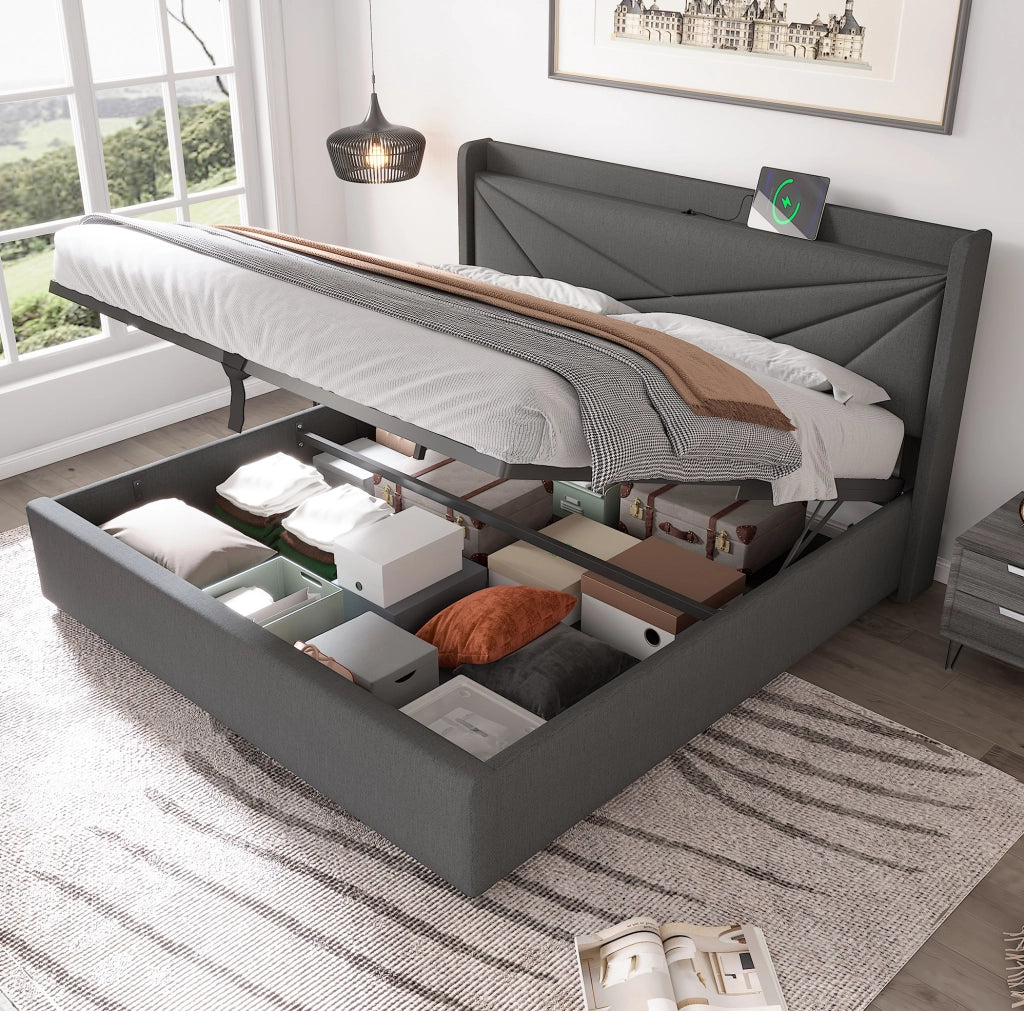 Letto matrimoniale con contenitore e testiera con USB e Type-C