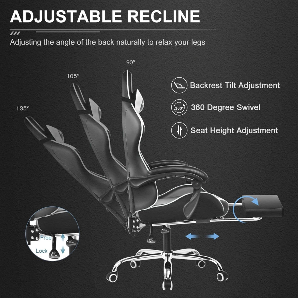 Sedia da gaming massaggiante ergonomica per computer, con poggiapiedi e supporto lombare, regolabile in altezza, sedile girevole a 360° e poggiatesta, per ufficio, colore bianco